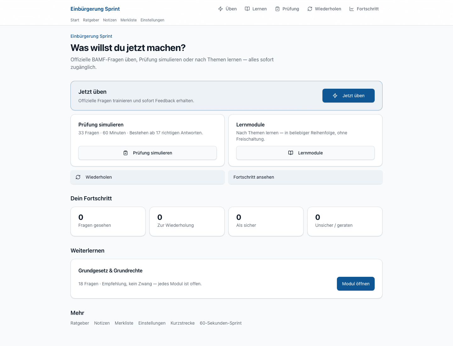 Einbürgerung Sprint home asking what to do next, with practice, exam, modules, review and progress.