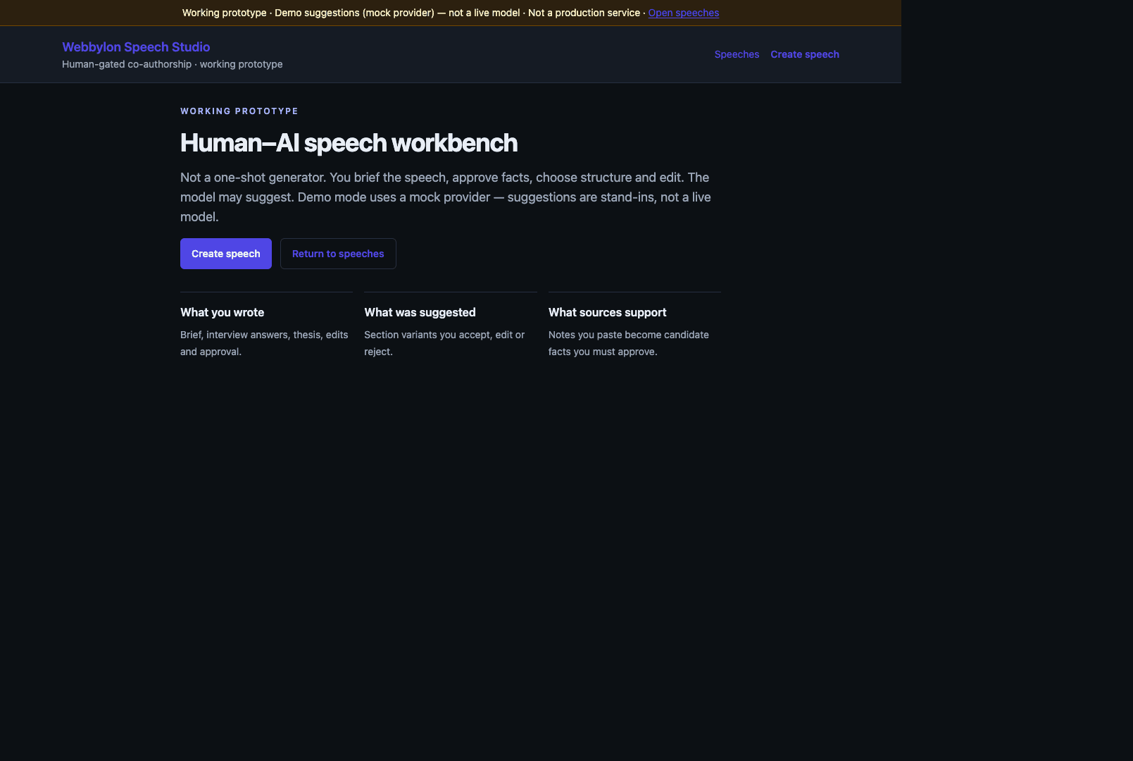 Speech Studio home describing a human–AI workbench with a working-prototype banner.