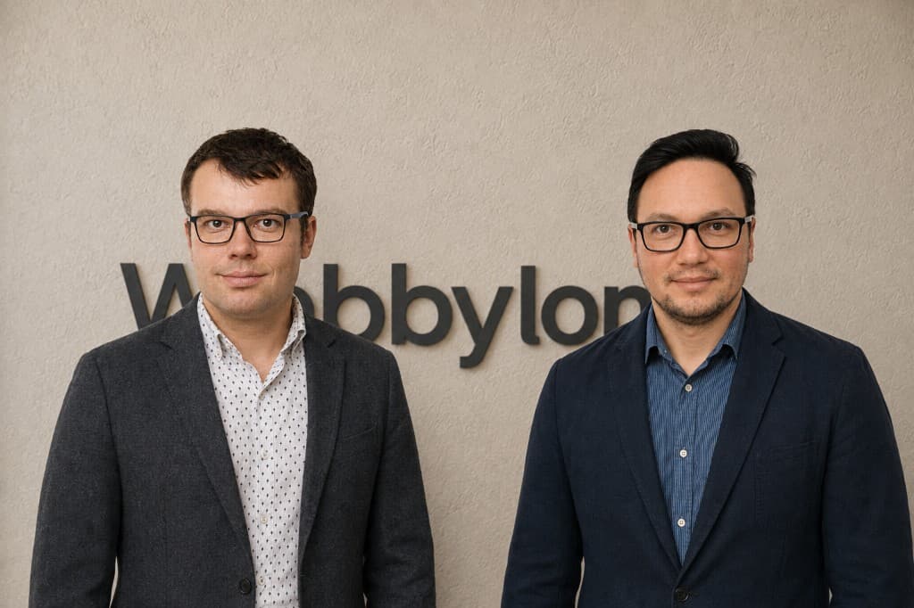 Studio portrait of Webbylon cofounders Ruslan Kramarev, on the left, and Andrey Lyundup, on the right, standing in front of the Webbylon wordmark.