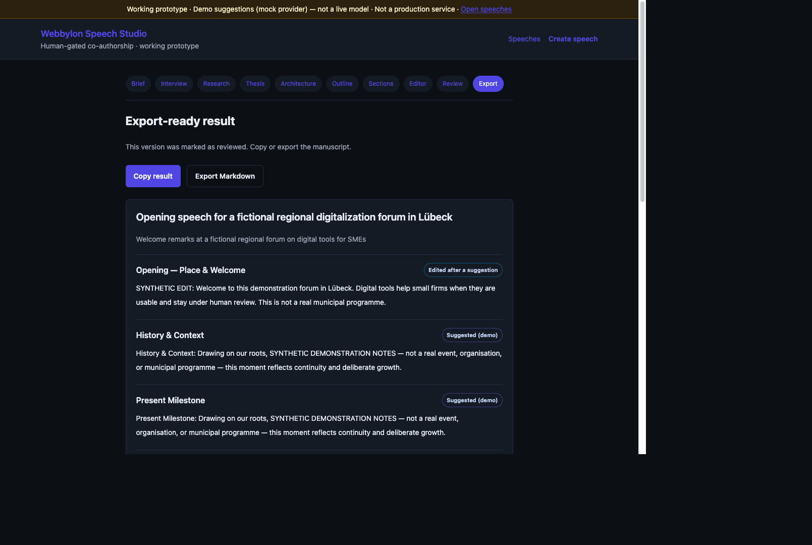 Export-ready manuscript with copy and Markdown export actions for the synthetic forum speech.