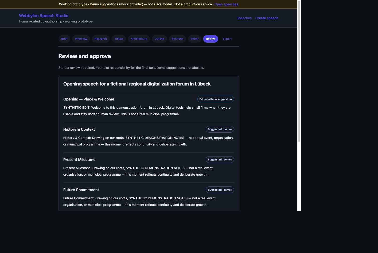 Review screen of a synthetic Lübeck forum speech with origin badges including edited after a suggestion.