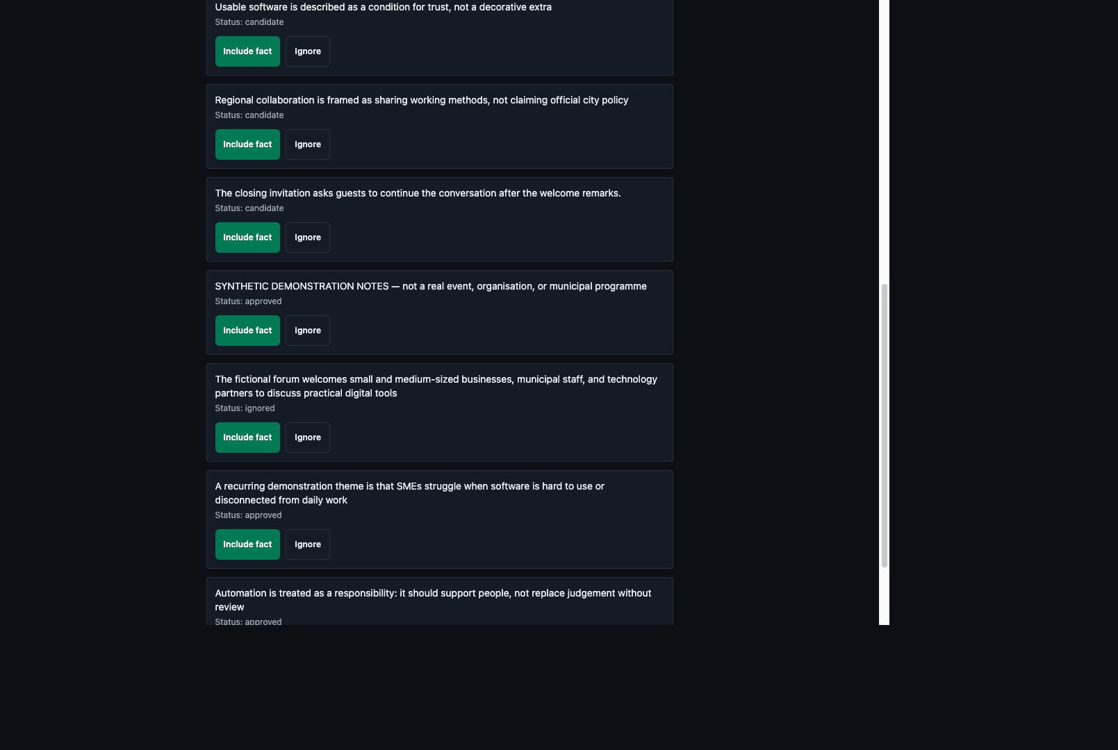 Research pack showing synthetic demonstration notes with included and ignored candidate facts.